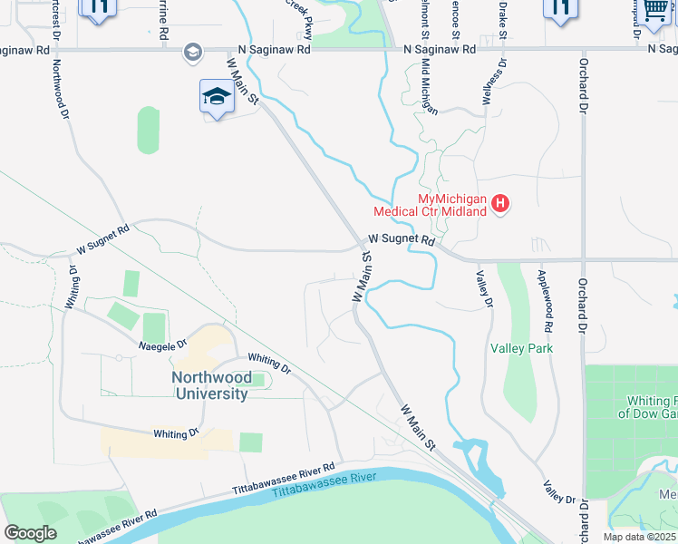 map of restaurants, bars, coffee shops, grocery stores, and more near 3404 North Bent Oak Drive in Midland