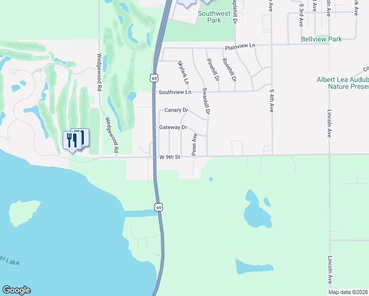 map of restaurants, bars, coffee shops, grocery stores, and more near 1431 Spartan Avenue in Albert Lea