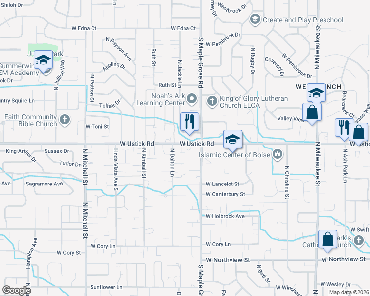 map of restaurants, bars, coffee shops, grocery stores, and more near 9107 West Ustick Road in Boise