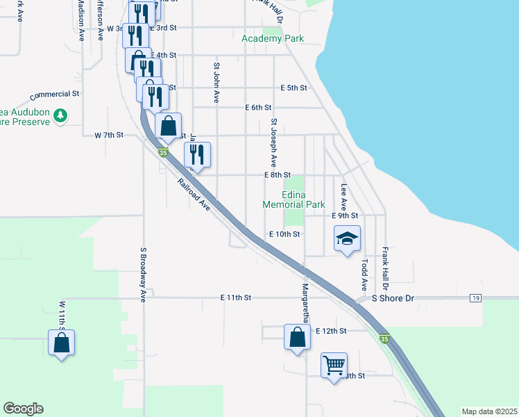 map of restaurants, bars, coffee shops, grocery stores, and more near 1508 Edina Avenue in Albert Lea