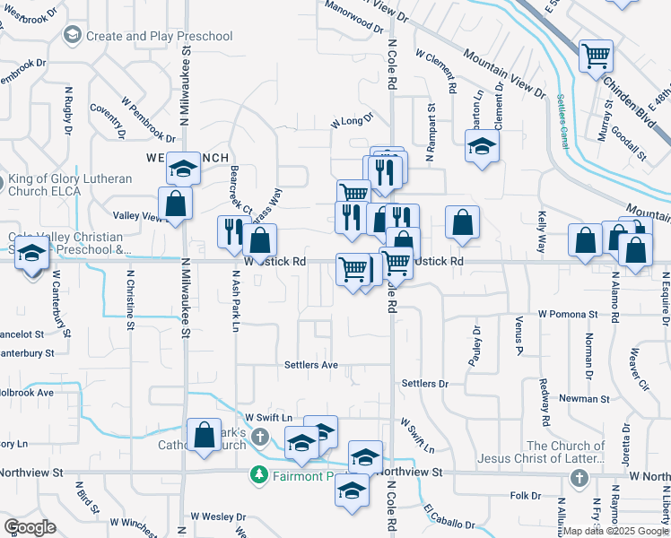 map of restaurants, bars, coffee shops, grocery stores, and more near 7613 Ustick Road in Boise