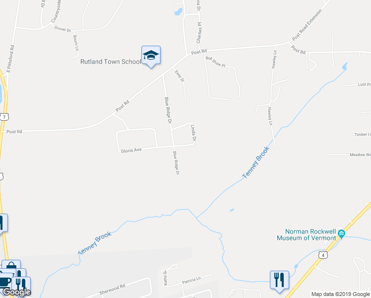 map of restaurants, bars, coffee shops, grocery stores, and more near 46 Linda Drive in Rutland
