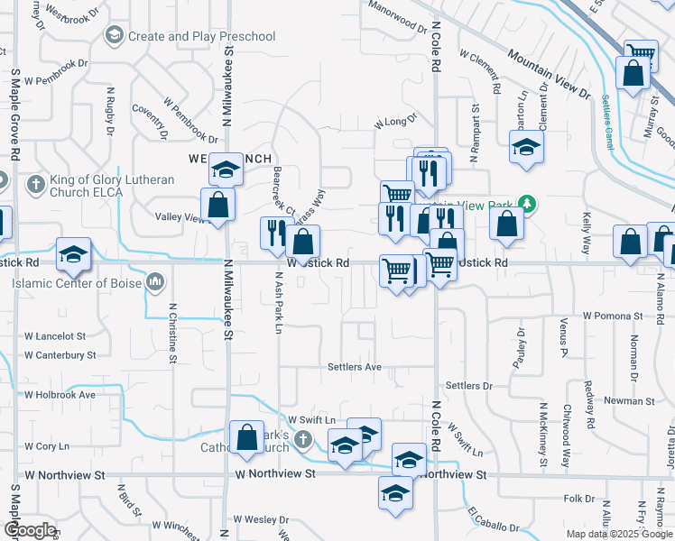 map of restaurants, bars, coffee shops, grocery stores, and more near 7717 West Ustick Road in Boise