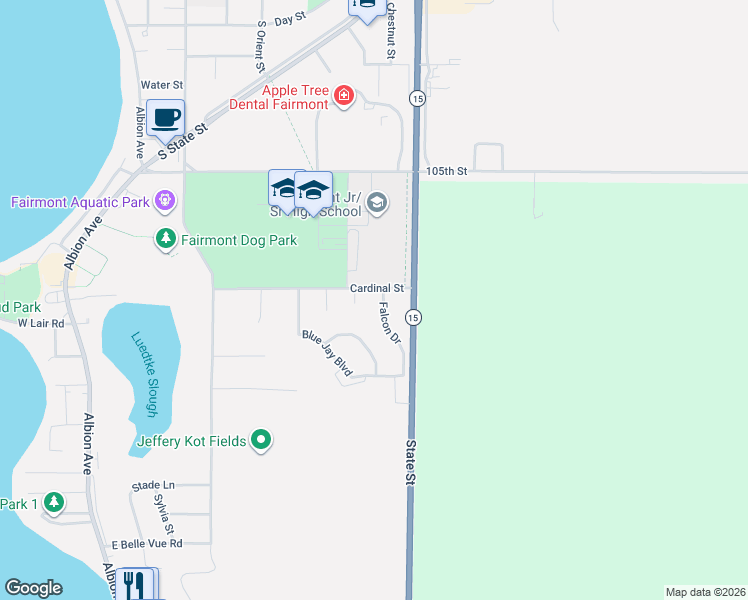 map of restaurants, bars, coffee shops, grocery stores, and more near 1520 Falcon Drive in Fairmont