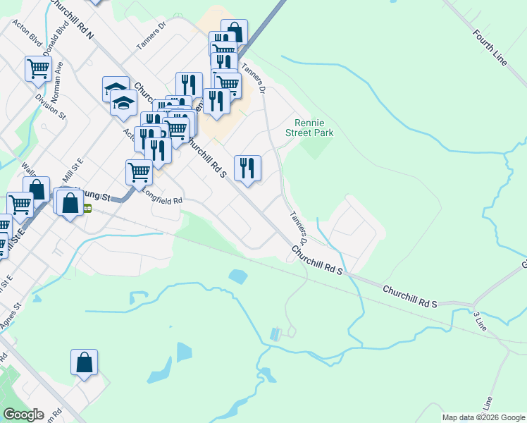map of restaurants, bars, coffee shops, grocery stores, and more near 11 Kingsley Road in Acton