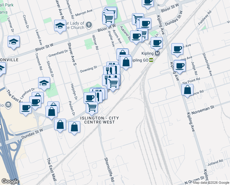 map of restaurants, bars, coffee shops, grocery stores, and more near 5435 Dundas Street West in Toronto