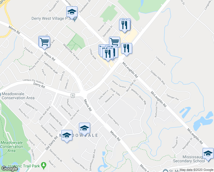map of restaurants, bars, coffee shops, grocery stores, and more near 6970 Vicar Gate in Mississauga
