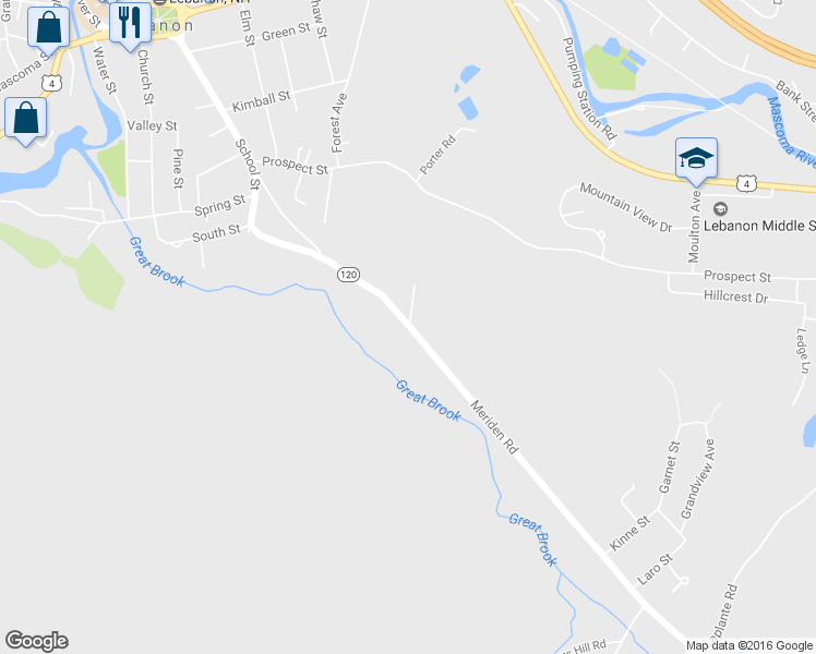 map of restaurants, bars, coffee shops, grocery stores, and more near 161 Meriden Road in Lebanon