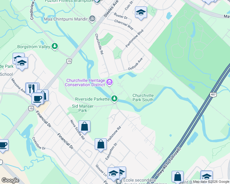map of restaurants, bars, coffee shops, grocery stores, and more near 7746 Churchville Road in Brampton