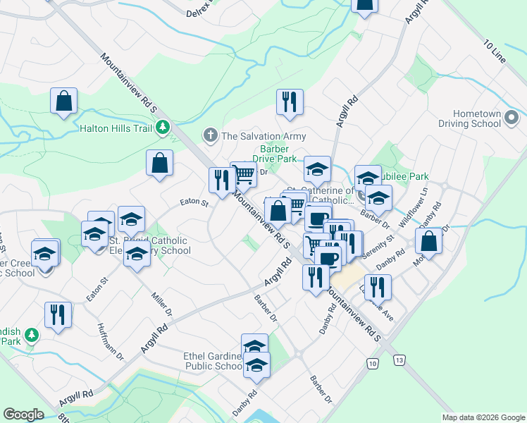 map of restaurants, bars, coffee shops, grocery stores, and more near 32 McKinnon Avenue in Halton Hills
