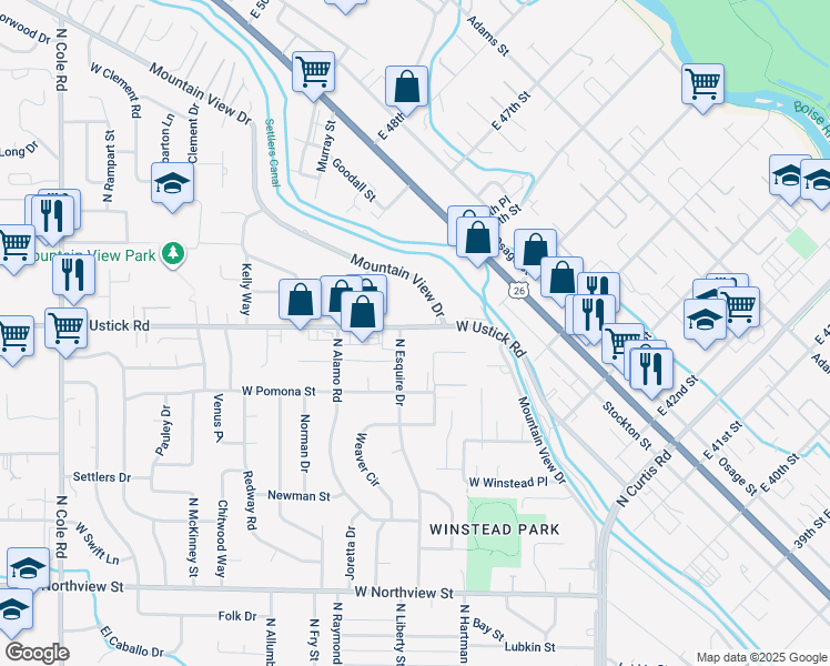 map of restaurants, bars, coffee shops, grocery stores, and more near 6315 West Ustick Road in Boise