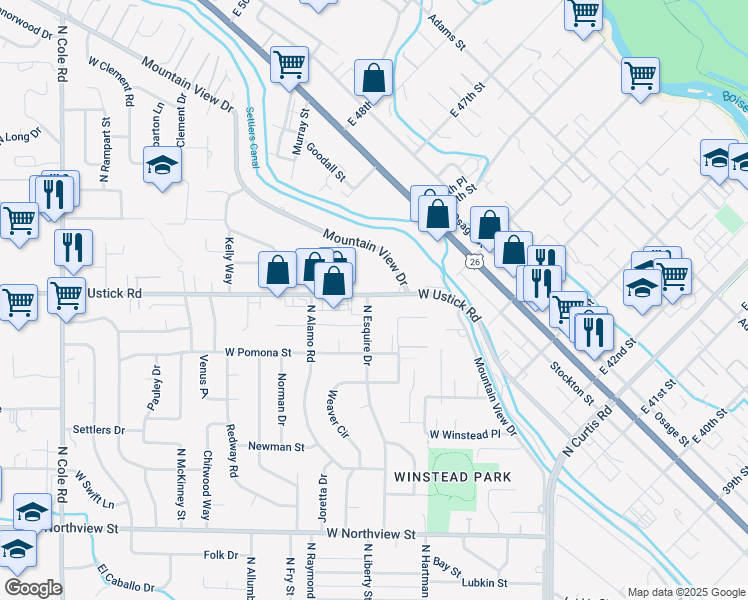 map of restaurants, bars, coffee shops, grocery stores, and more near 6315 West Ustick Road in Boise