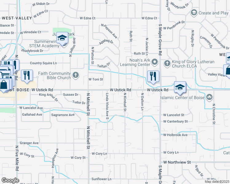map of restaurants, bars, coffee shops, grocery stores, and more near 9545 West Ustick Road in Boise