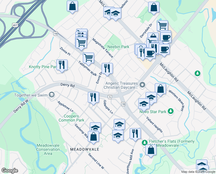 map of restaurants, bars, coffee shops, grocery stores, and more near in Mississauga