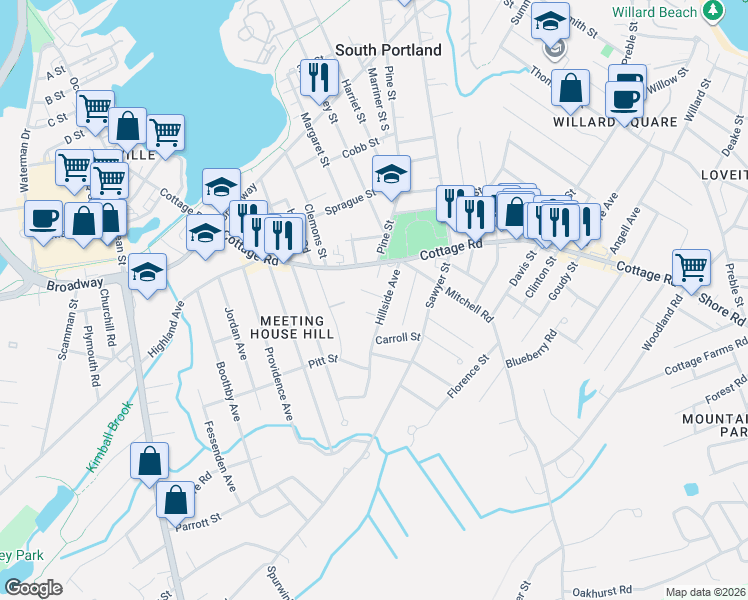 map of restaurants, bars, coffee shops, grocery stores, and more near 15 Kent Road in South Portland