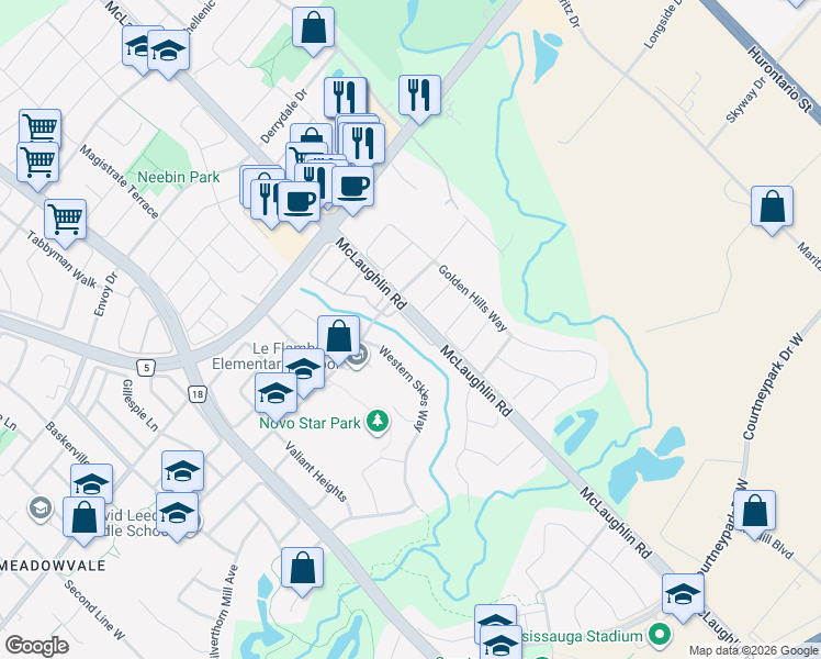 map of restaurants, bars, coffee shops, grocery stores, and more near 520 Novo Star Drive in Mississauga
