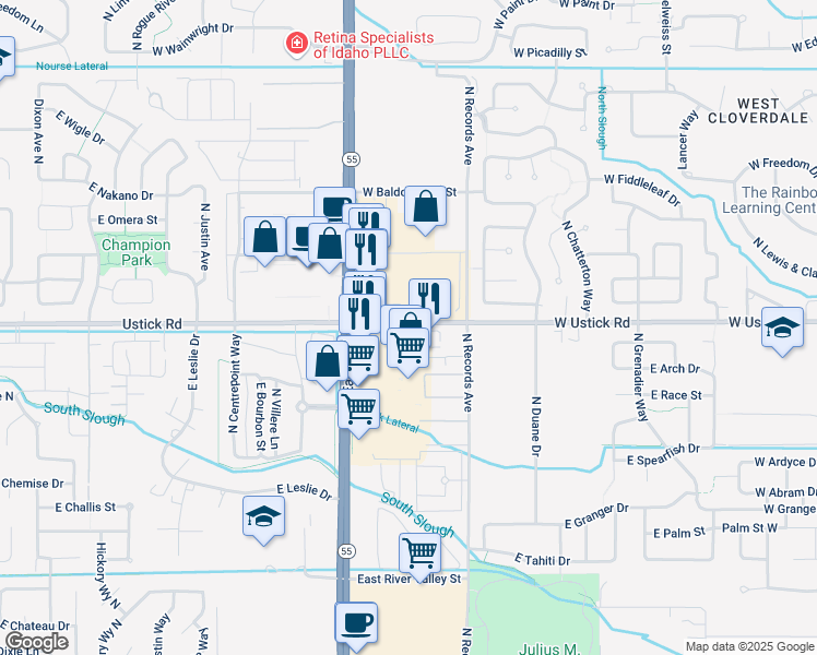 map of restaurants, bars, coffee shops, grocery stores, and more near 3205 East Ustick Road in Meridian