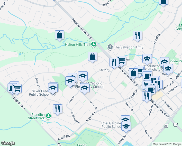 map of restaurants, bars, coffee shops, grocery stores, and more near 63 Craig Crescent in Halton Hills