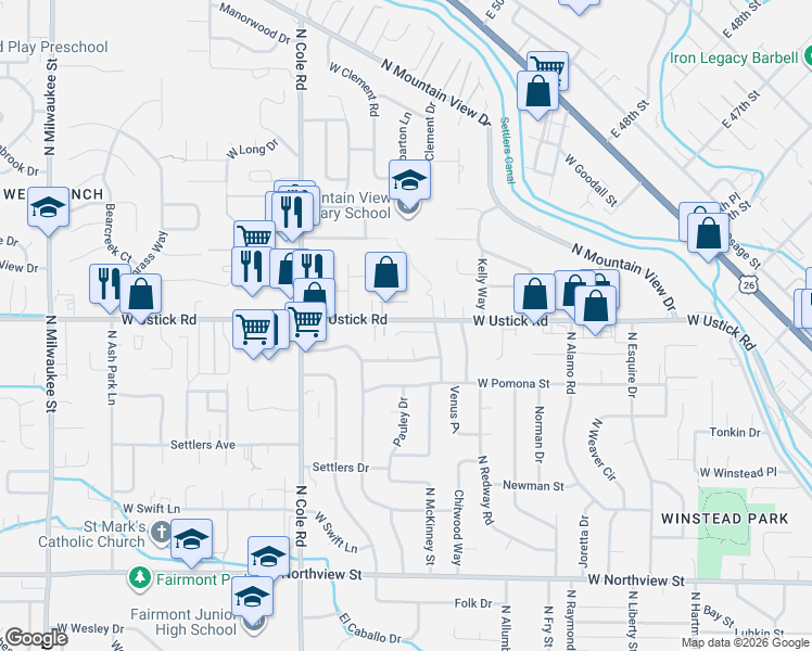 map of restaurants, bars, coffee shops, grocery stores, and more near 7014 West San Fernando Drive in Boise