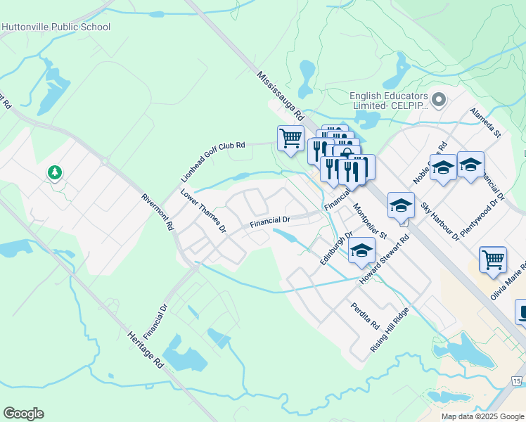 map of restaurants, bars, coffee shops, grocery stores, and more near 45 Elysian Fields Circle in Brampton