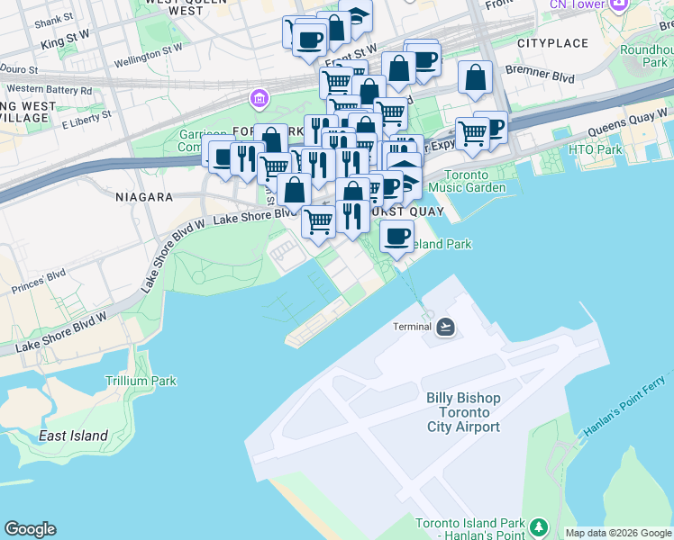 map of restaurants, bars, coffee shops, grocery stores, and more near 36 Stadium Road in Toronto