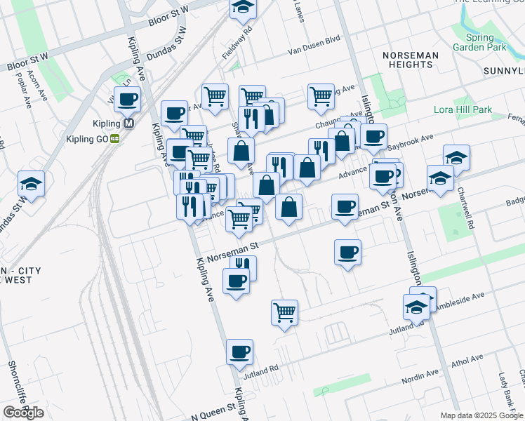 map of restaurants, bars, coffee shops, grocery stores, and more near 39 Advance Road in Toronto