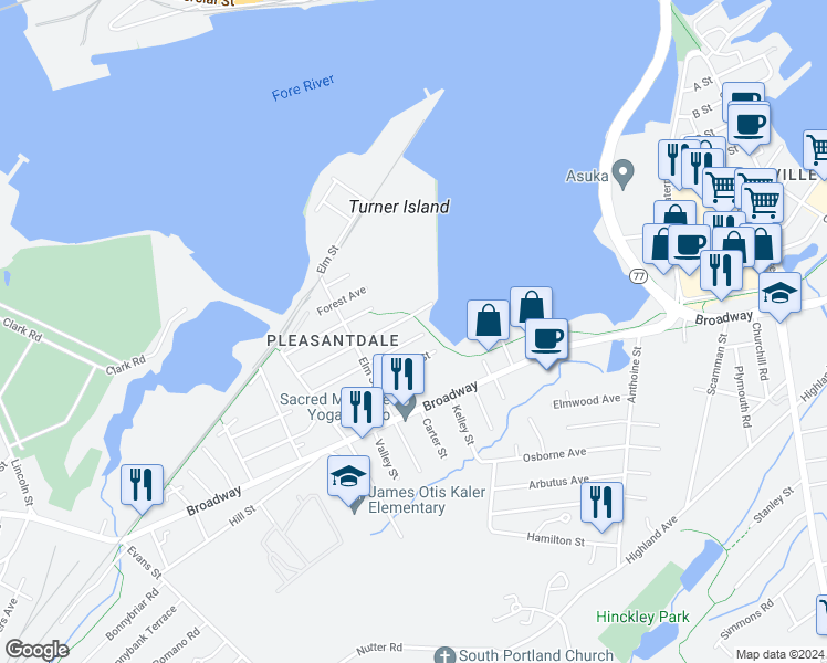 map of restaurants, bars, coffee shops, grocery stores, and more near 10 Chapel Street in South Portland