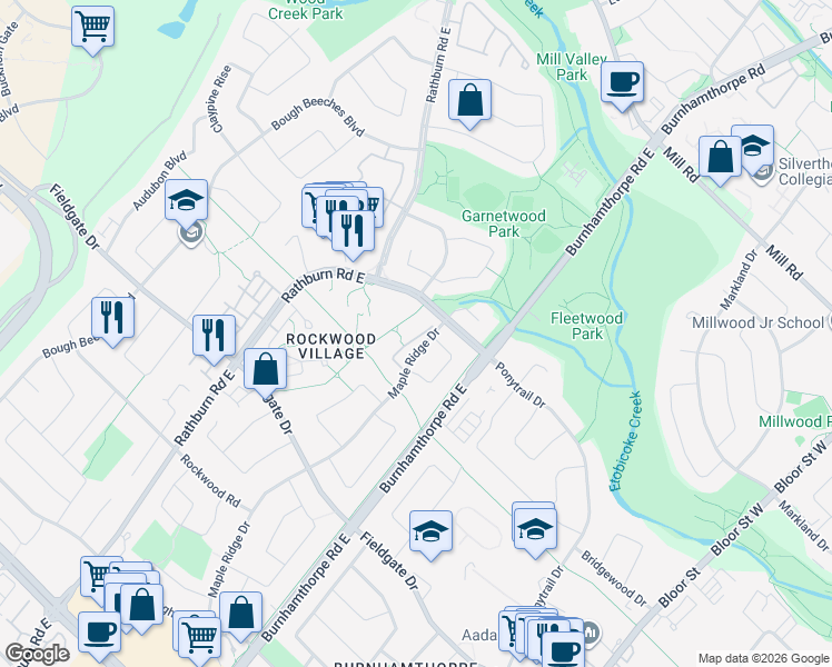 map of restaurants, bars, coffee shops, grocery stores, and more near 1855 Maple Ridge Drive in Mississauga