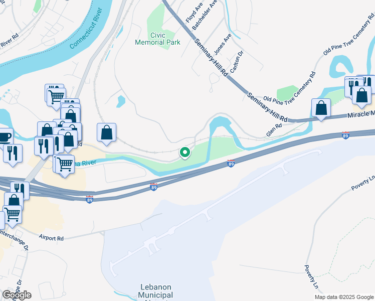 map of restaurants, bars, coffee shops, grocery stores, and more near Glen Road in Lebanon