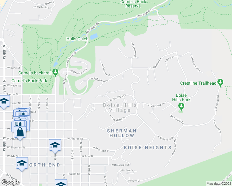map of restaurants, bars, coffee shops, grocery stores, and more near 267 West Groveview Lane in Boise