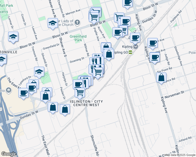 map of restaurants, bars, coffee shops, grocery stores, and more near 50 Thomas Riley Road in Toronto