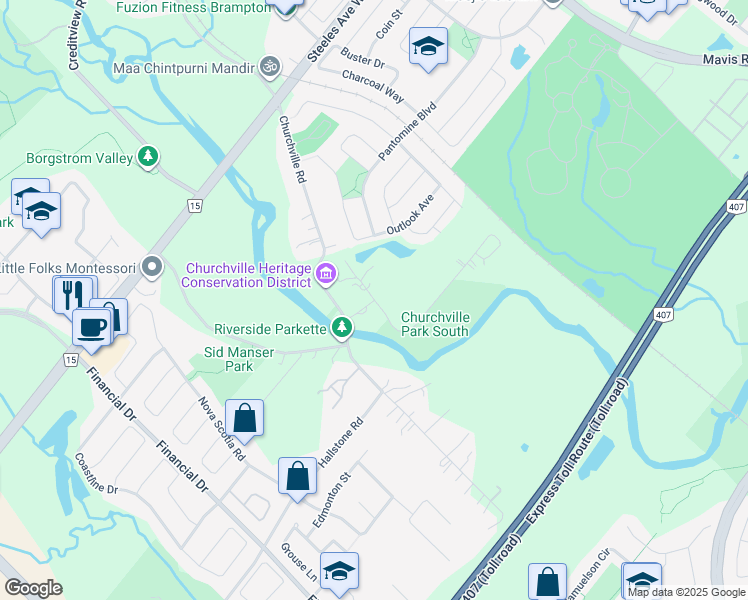 map of restaurants, bars, coffee shops, grocery stores, and more near Church Street in Brampton