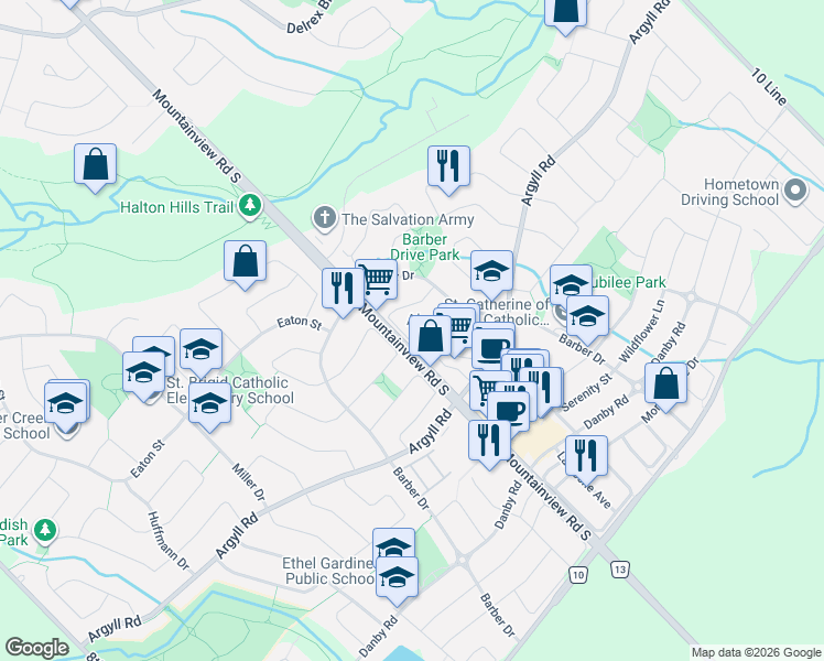 map of restaurants, bars, coffee shops, grocery stores, and more near 32 McKinnon Avenue in Halton Hills