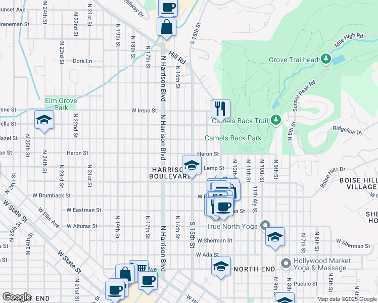 map of restaurants, bars, coffee shops, grocery stores, and more near 1502 Heron Street in Boise
