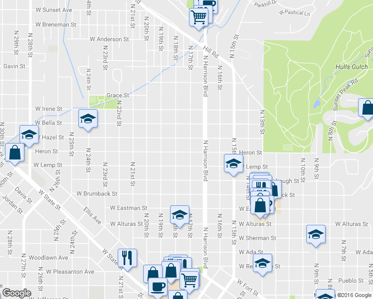 map of restaurants, bars, coffee shops, grocery stores, and more near 1520 North 17th Street in Boise