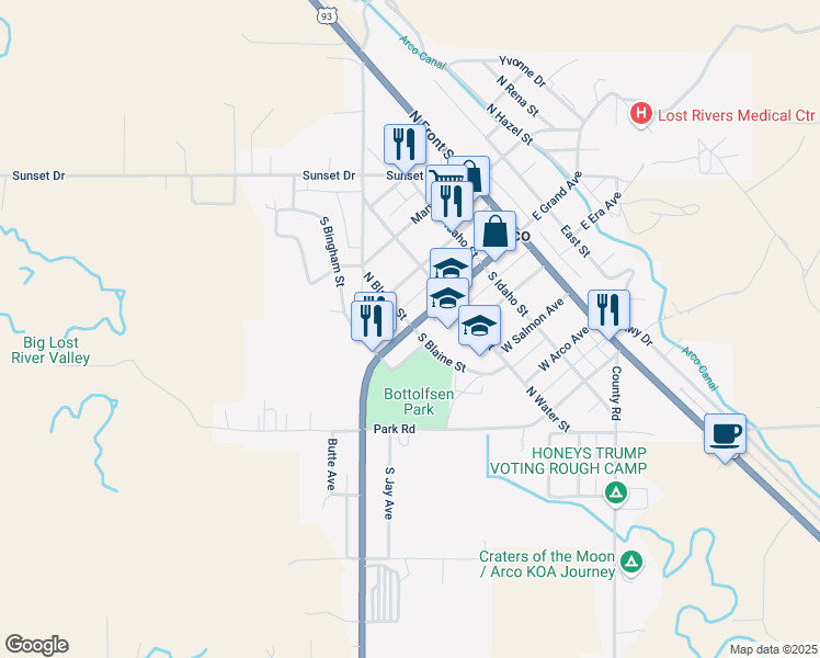 map of restaurants, bars, coffee shops, grocery stores, and more near 402 West Grand Avenue in Arco