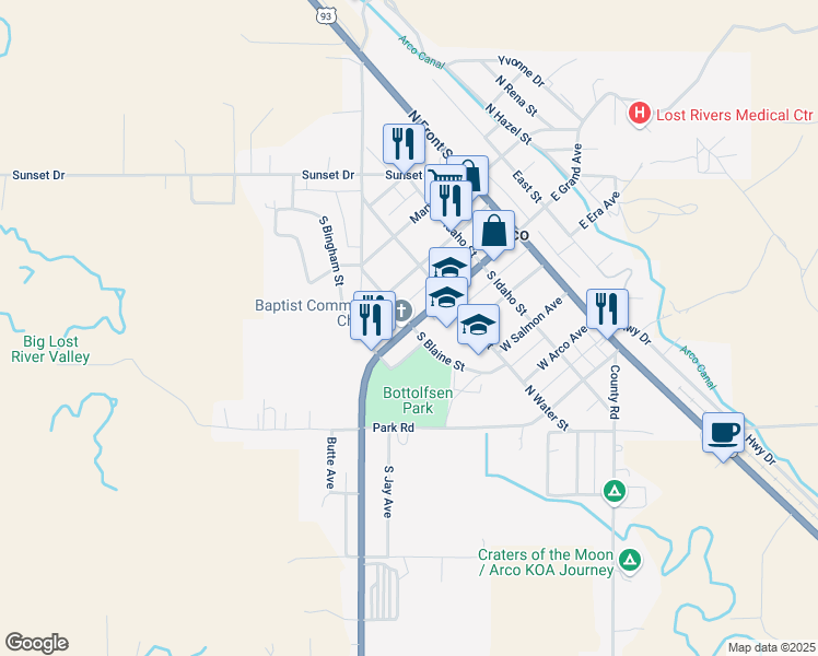 map of restaurants, bars, coffee shops, grocery stores, and more near 402 West Grand Avenue in Arco