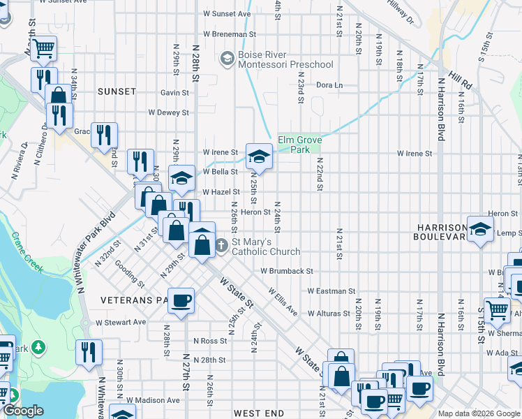 map of restaurants, bars, coffee shops, grocery stores, and more near 1415 North 25th Street in Boise