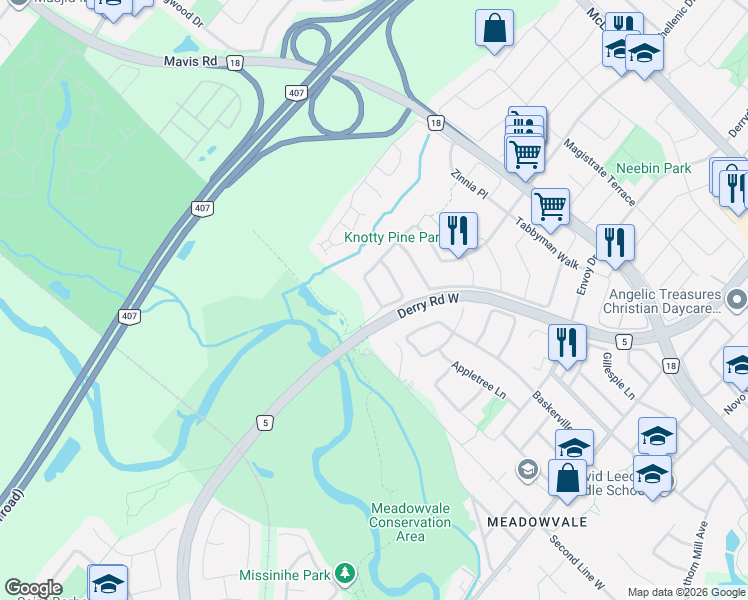 map of restaurants, bars, coffee shops, grocery stores, and more near 1077 Knotty Pine Grove in Mississauga