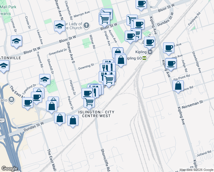 map of restaurants, bars, coffee shops, grocery stores, and more near 5435 Dundas Street West in Toronto