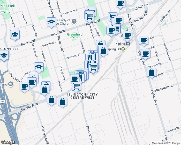 map of restaurants, bars, coffee shops, grocery stores, and more near 50 Thomas Riley Road in Toronto