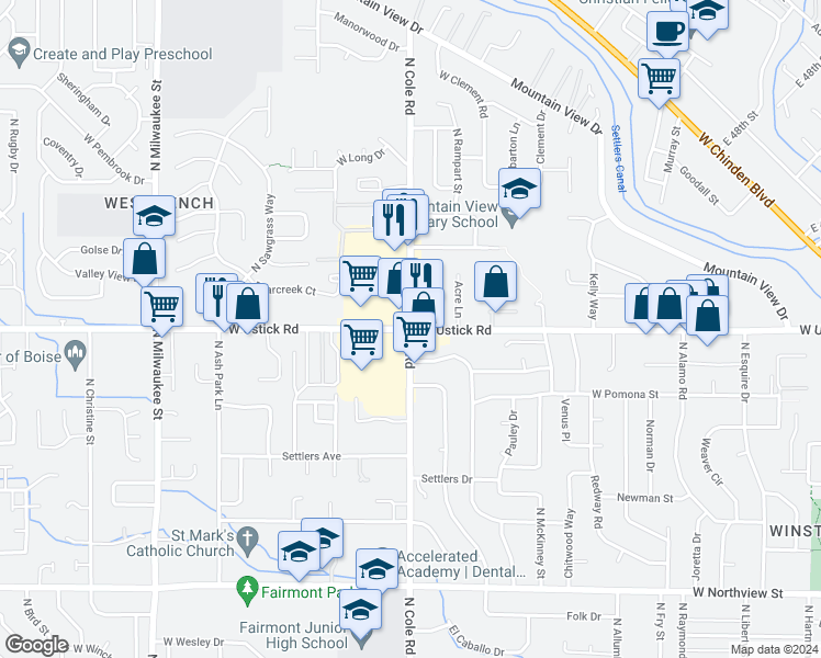map of restaurants, bars, coffee shops, grocery stores, and more near West Ustick Road & North Cole Road in Boise