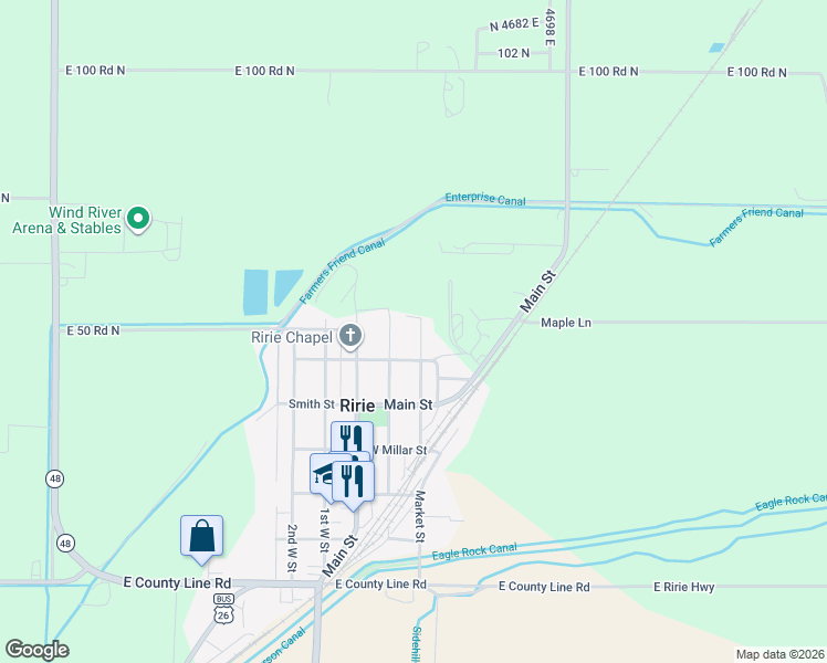 map of restaurants, bars, coffee shops, grocery stores, and more near 624 2nd East Street in Ririe