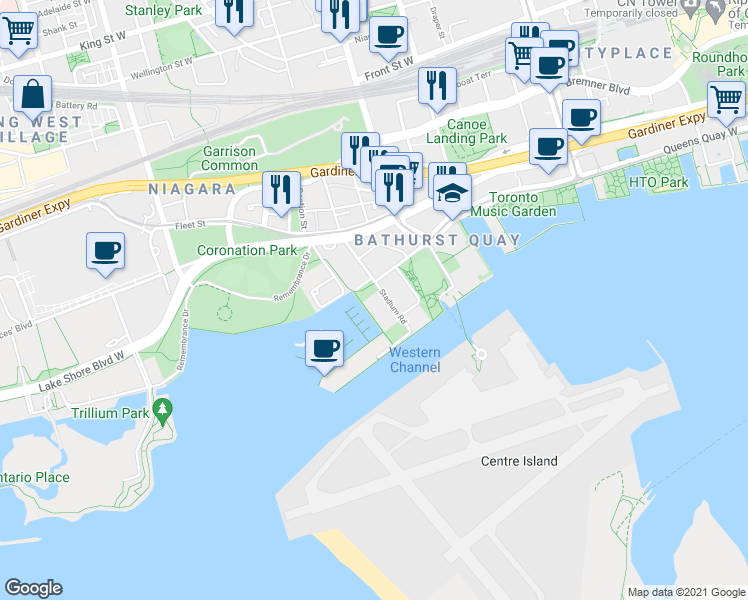 map of restaurants, bars, coffee shops, grocery stores, and more near 38 Stadium Road in Toronto