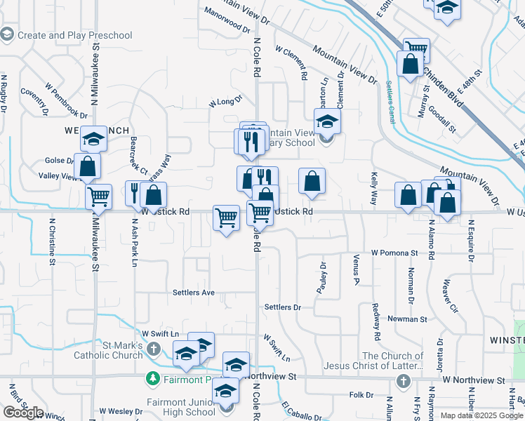 map of restaurants, bars, coffee shops, grocery stores, and more near 7557 West Ustick Road in Boise