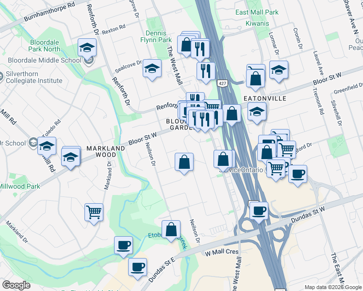 map of restaurants, bars, coffee shops, grocery stores, and more near in Toronto