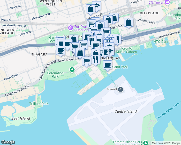 map of restaurants, bars, coffee shops, grocery stores, and more near 38 Stadium Road in Toronto