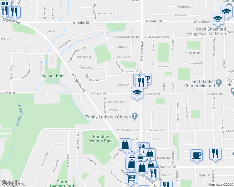 map of restaurants, bars, coffee shops, grocery stores, and more near 302 West Sugnet Road in Midland