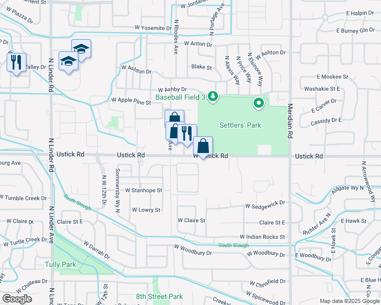 map of restaurants, bars, coffee shops, grocery stores, and more near 654 West Ustick Road in Meridian