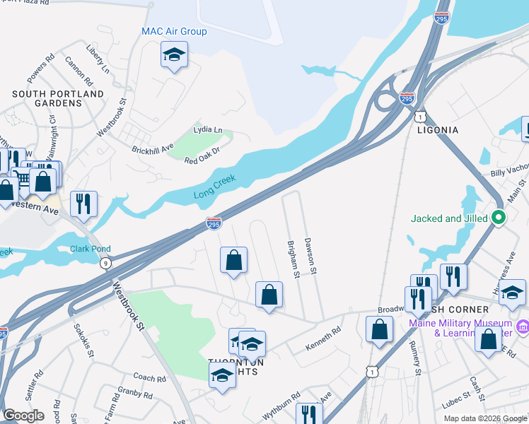 map of restaurants, bars, coffee shops, grocery stores, and more near 101 Fellows Street in South Portland
